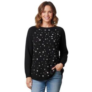 Style & Co Black White Embroidery Star Petite Whimsy Pullover Sweater (M) NWT